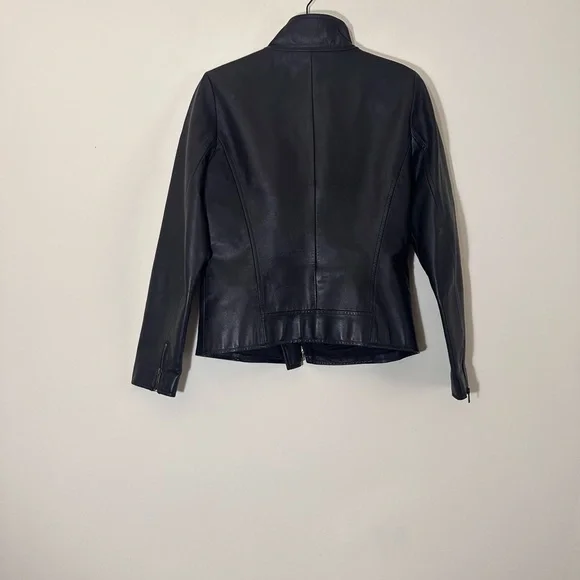 Eileen Fisher Leather black moto biker jacket Asymmetrical zip size small - Picture 4 of 16